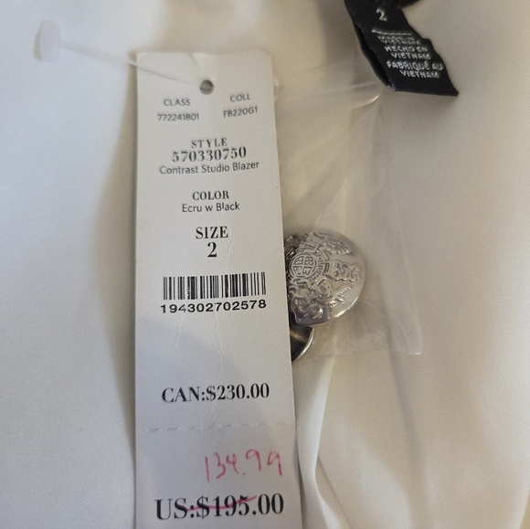 White House Black Market Contrast Studio Blazer Ecru Black Trim NWT Size 2 - Picture 6 of 12